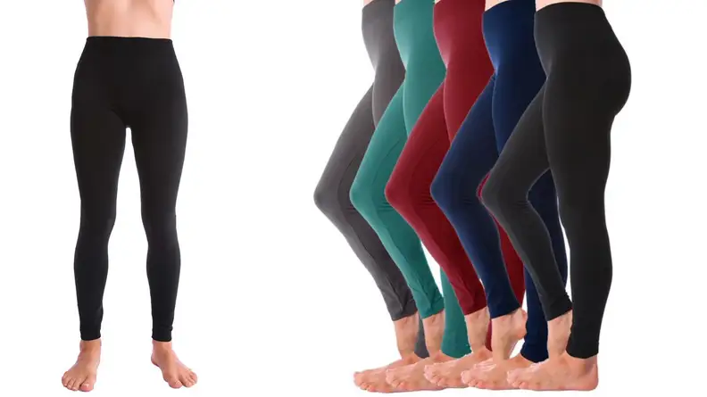 A model (photographed from the waist down at two different angles) shows off different colors of fleece-lined leggings.