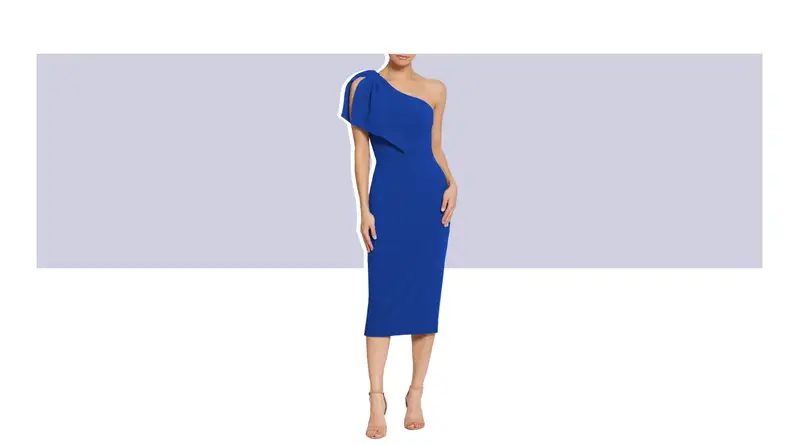 A one-shoulder dress with a bow detail.