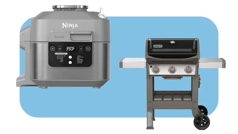 Gray Ninja air fryer next to Weber outdoor grill with wheels.