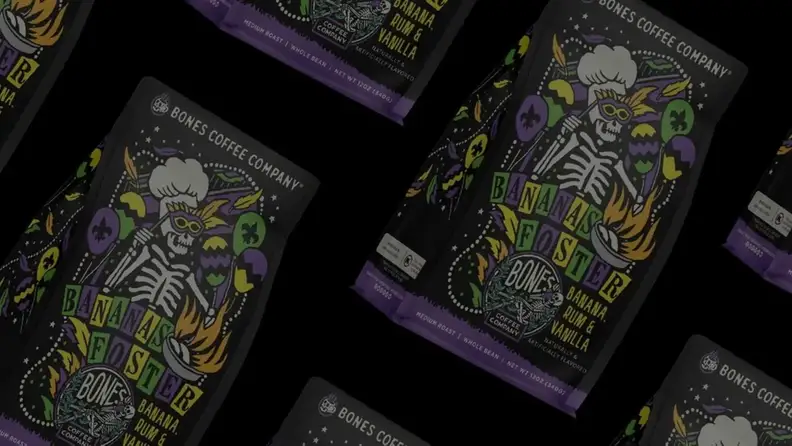 Pattern of coffee bags featuring a skeleton chef design