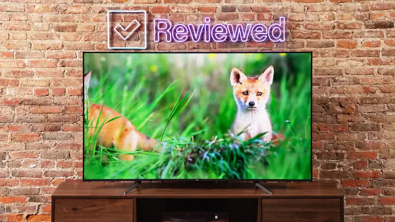 TCL Q6 LED TV on top of wooden stand in front of brick wall with fox in grassy outdoor setting on screen.