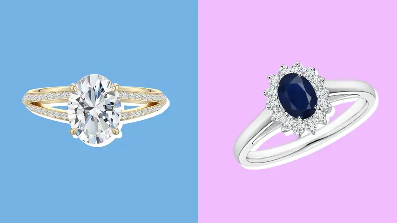An oval diamond engagement ring in yellow gold next to a blue sapphire halo engagement ring in white gold.