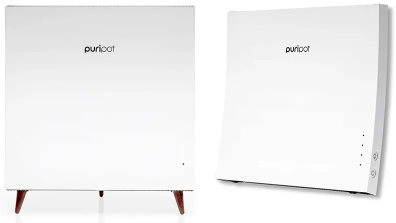 A pic of the Puripot airFrame air purifier, shown standing on its detachable wooden legs and mounted on a wall.