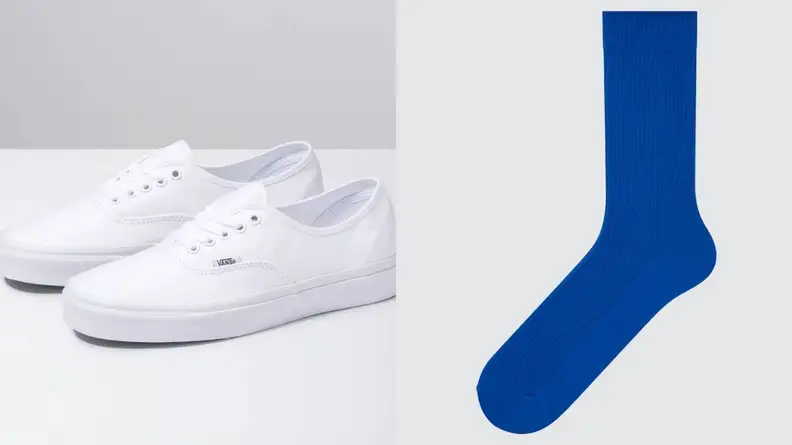 White vans, blue uniqlo socks.