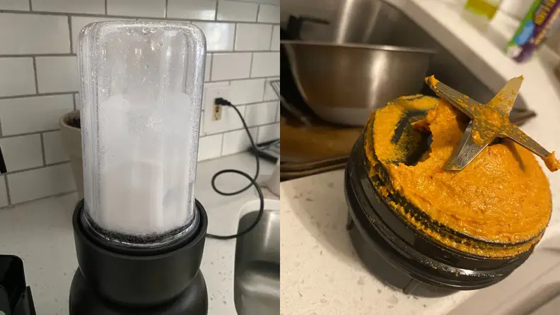 Left: Blender filled with unevenly crushed ice. Right: Blade attachment showing little space for celaning