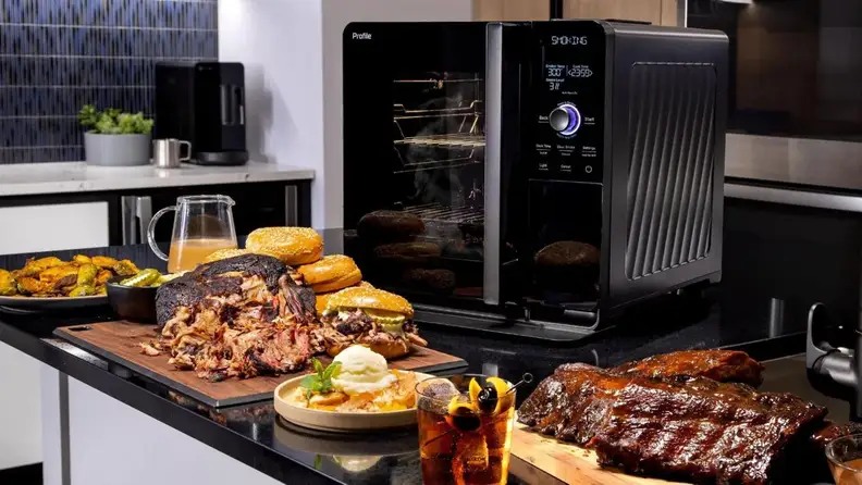 Kitchen counter with GE Profile smoker and an array of smoked foods