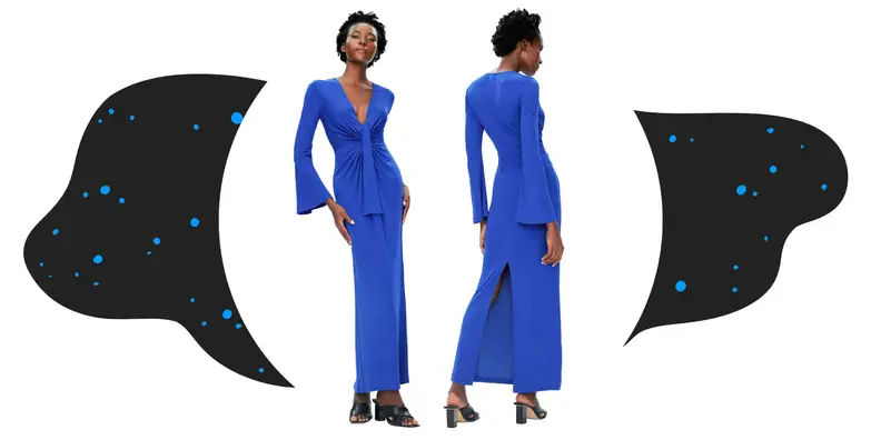 A model wearing a blue maxi dress.