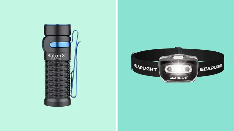 A split image of an Olight Baton 3 LED flashlight and a  GearLight LED headlamp.