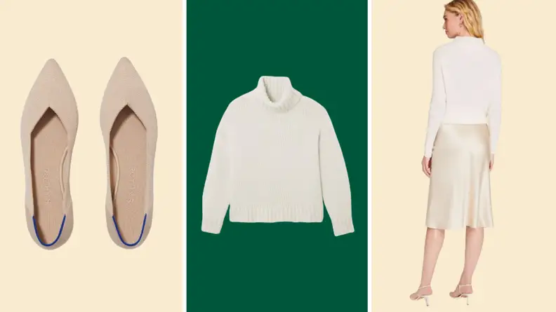 A pair of beige flats, a white turtleneck, and a model wearing a champagne-colored silk skirt.