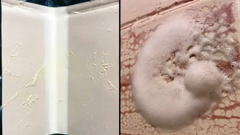 A composite image. The left half shows one of our swatches of soap scum rubbed across tile and grout. The second image shows a purple jelly stain smeared across tile with a big foam blob of cleaner at its center.