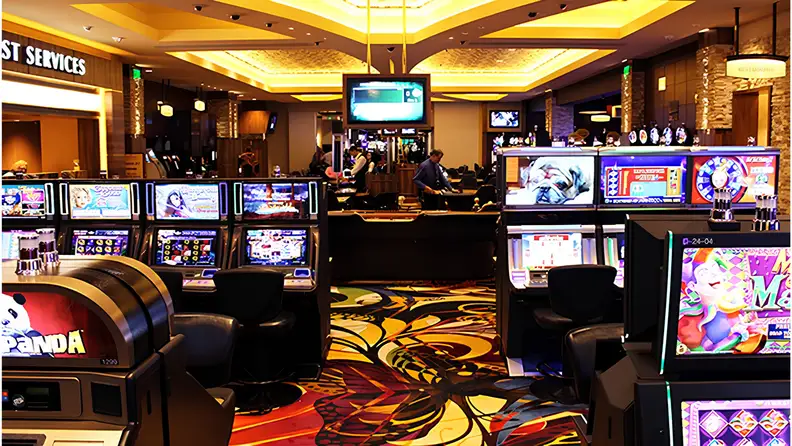 Monarch Casino Resort gaming floor with brightly lit slot machines, colorful carpeting, and a modern casino atmosphere.