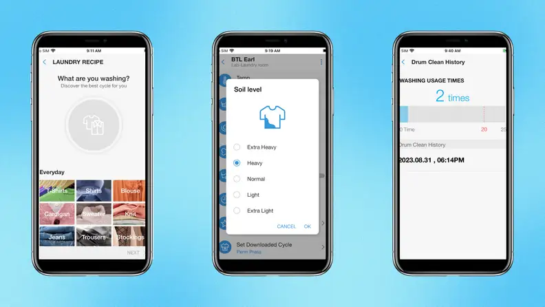 A collage of the Samsung top load washer’s app displayed on iPhones.
