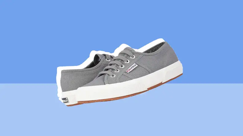 Gray cloth lace up sneakers.