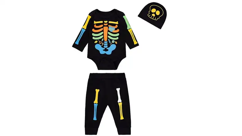 A black skeleton costume against a white background.