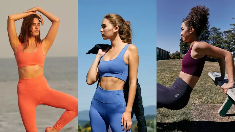 Models wearing orange, blue, and maroon versions of the Square Neck Good Karma Bra.