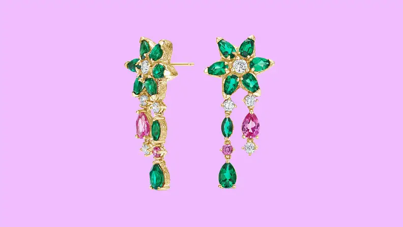pink, green and diamond drop earrings