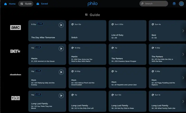 Philo has a TV guide for watching live TV
