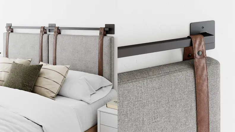 On left, gray and leather Harlow Wall Mount Faux Leather Headboard behind bed in bedroom.