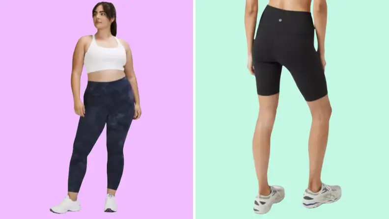 Collage featuring a photo of a woman wearing a workout set from Lululemon and a pair of cropped pants from Lululemon.
