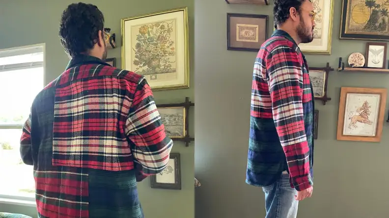 Man standing in plaid Patchwork Workshirt from AE77.