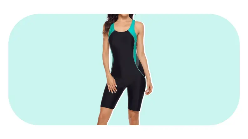 A one-piece swimsuit with shorts and no sleeves.