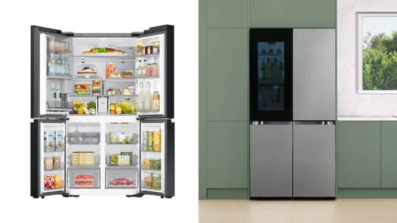 A Samsung quad-door fridge with all four doors open on the left, and all closed on the right.
