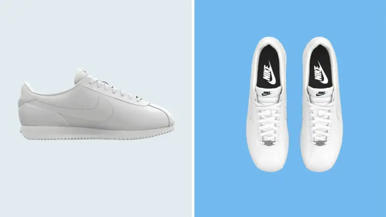 Side of Nike Cortez sneaker and pair of Nike Cortex against gray and blue backgrounds