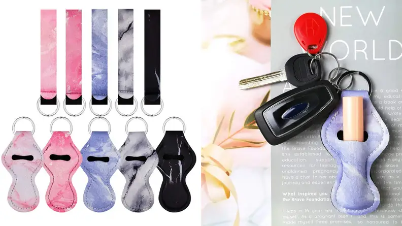 Array of chapstick keychains in different colors / Chapstick keychain attached to keys