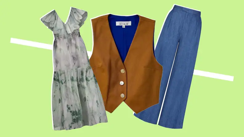 A cotton twill vest, a pair of wide-leg linen pants, and a dress made from floral-printed silk.