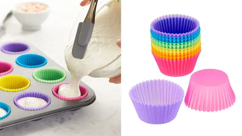Reusable baking cups feature a rainbow assortment of colors. On the left, someone pours cupcake mix into the cups.
