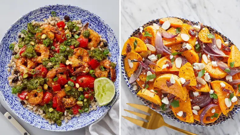 On left, photo of Blue Apron meal with shrimp, veggies, and lime shot from above. On right, a photo of a Blue Apron recipe with sweet potatoes and other veggies shot from above.