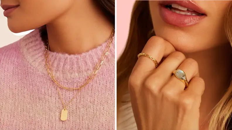 Collage of a necklace and a ring sold at Gorjana