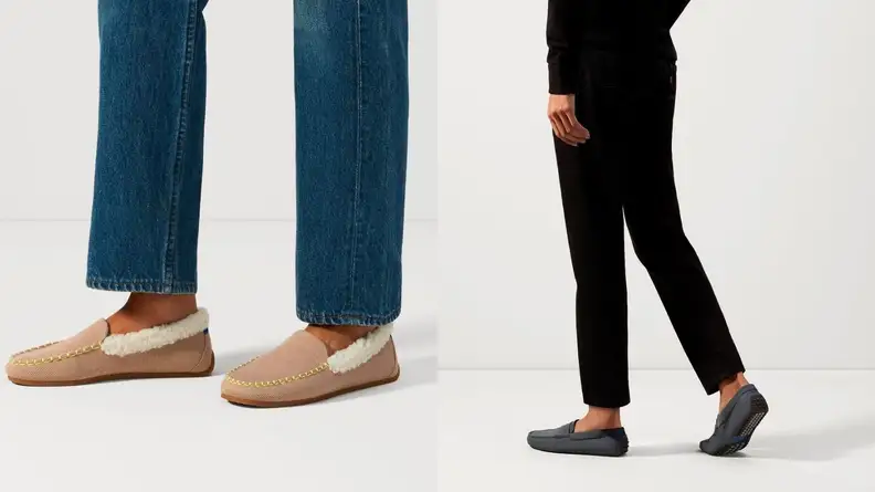 Woman standing in Rothy's slippers, man taking a step in a pair of Rothy's driving loafers.