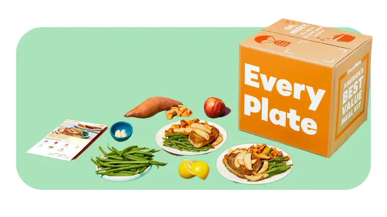 Plates of served food next to a box with the Every Plate logo.