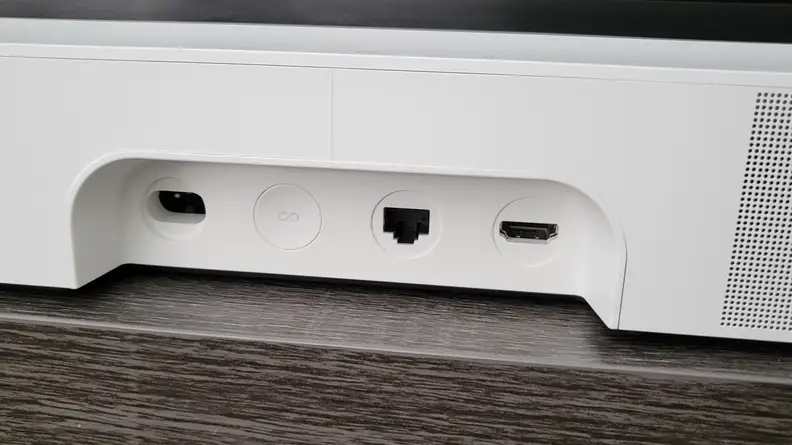 The inputs for the Sonos Beam Gen 2, which include power, HDMI, and ethernet