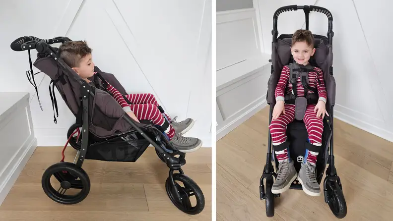 A boy sitting inside a Special Tomato EIO Push Chair from front and side angles.