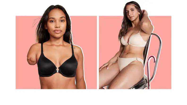 Photo collage of two different models wearing Victoria's Secret adaptable bras and panty in black and nude colors.