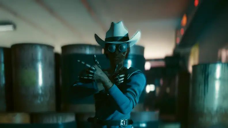 A woman with cybernetic implants in a cowboy hat