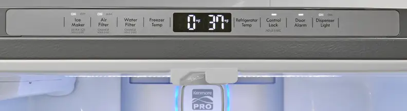 Almost all of the Kenmore Pro 79993's controls are found along the top edge of the door frame instead of on the front of the fridge.