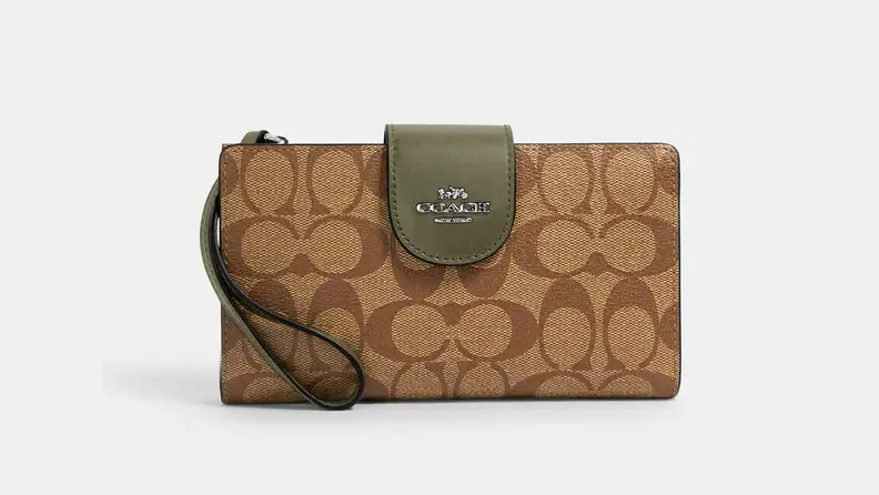 Brown and olive green Coach phone wallet.