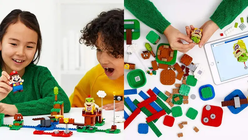 On left, two children playing with Legos together. On right, child's hands playing with Lego set.