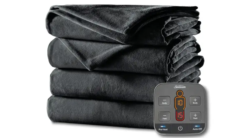 A stack of four of the Sunbeam Cozy Feet Electric Blanket on a white background.