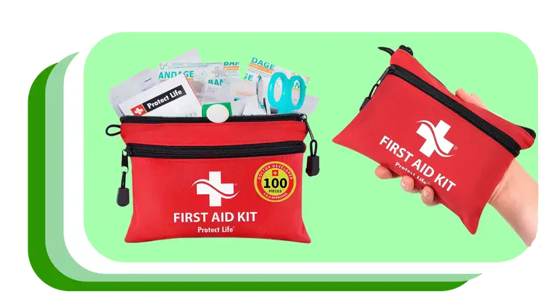 Hand holding zipped first aid pouch next to first aid pouch with essentials inside.