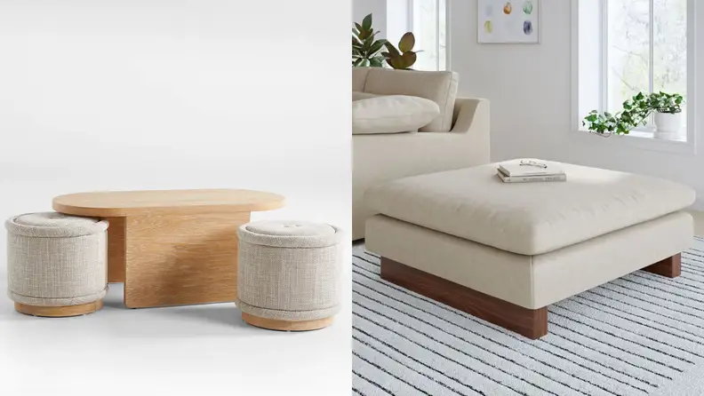 On left, wooden table with two circular seats. On right, sand colored square ottoman.