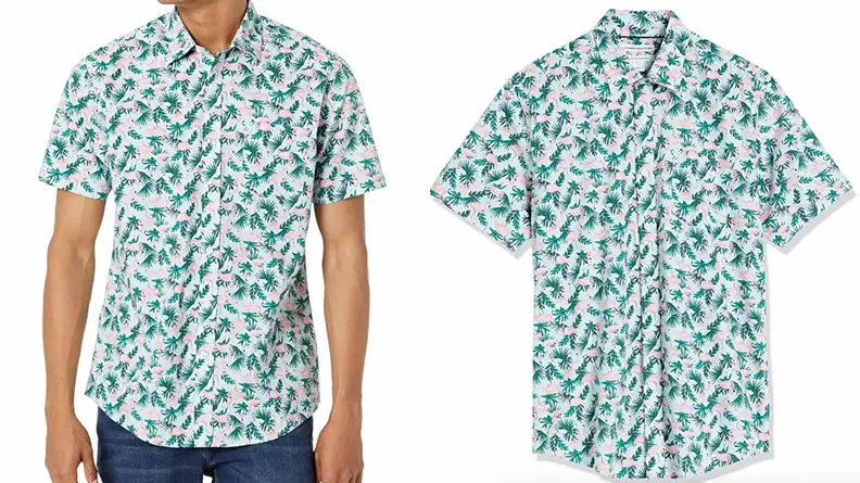 man wearing flamingo button up from Amazon Essentials