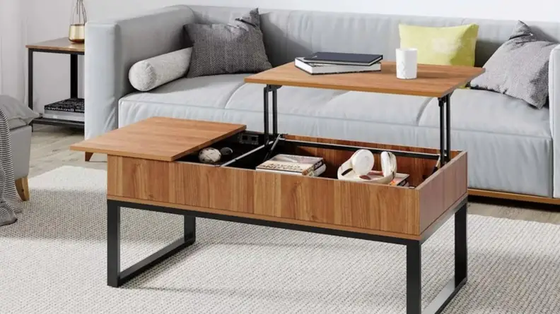 This coffee table has black legs and natural wood-grain surfaces, but the real headline is the liftable top that lets you use it like a desk and store various everyday items inside.