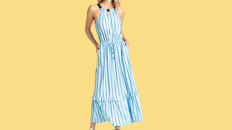 A blue and white striped maxi dress.