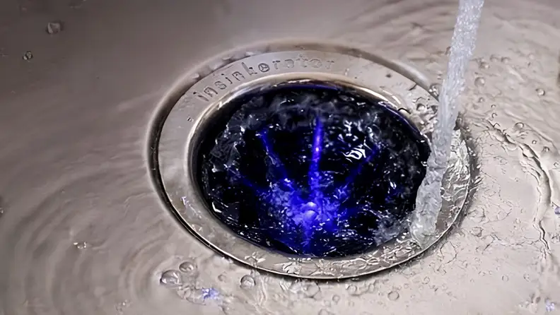 Water running into an illuminated InSinkErator garbage disposal installed in a kitchen sink drain.