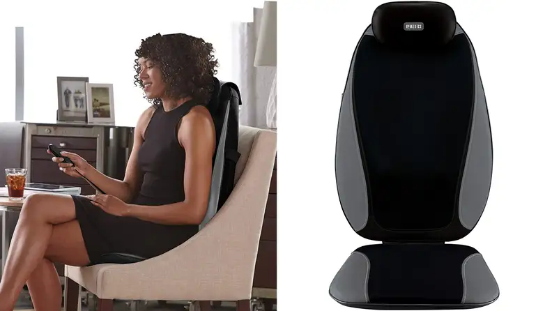 Woman using massage cushion.