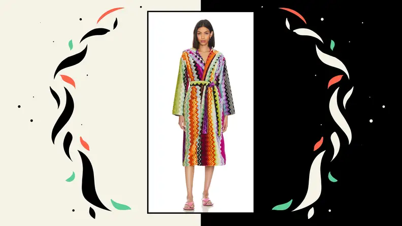 A model wearing a brightly-colored printed bathrobe.